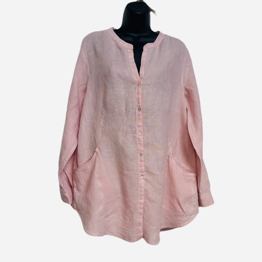 Sigrid Olsen Shirt Dress Pink 100% Linen Tunic Button Front Pockets Sz Medium
